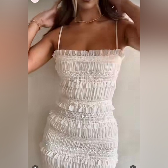 White ruched smocked midi maxi ruffle tiered dress - Picture 3 of 11